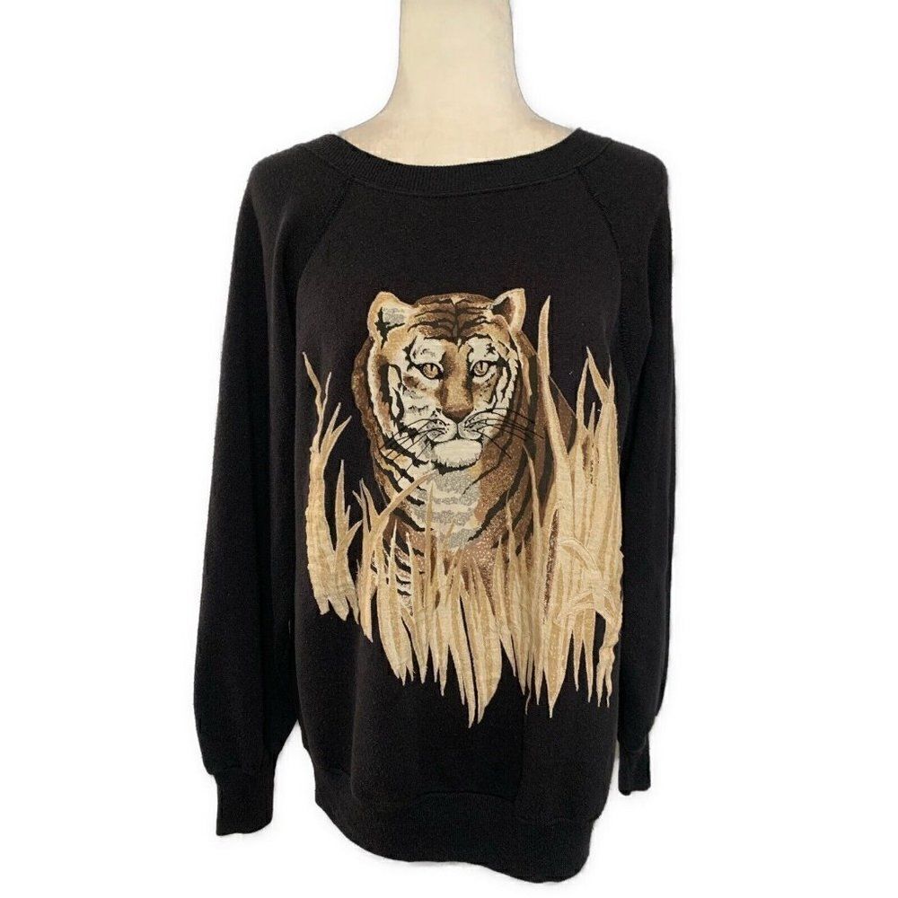Pannill Womens Vintage Tiger Print Black Brown Long Sleeve Sweatshirt Sweater L